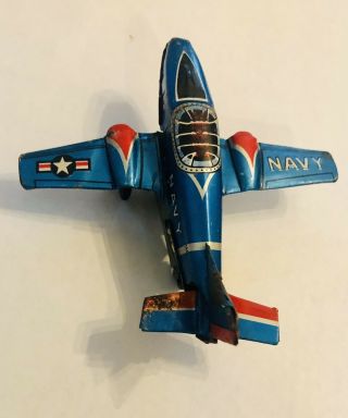 Vintage 1950’s Tin Litho Friction Navy Airplane 4” 4