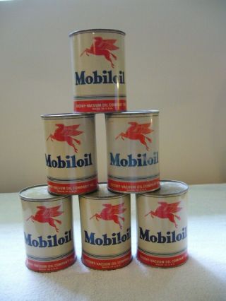 Set Of 6 Vintage Quart Mobiloil Mobil Socony Pegasus Metal Vacuum Oil Cans