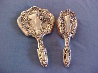 Antique Sterling Silver Vanity Brush And Mirror Ornate Art Nouveau Hairbrush