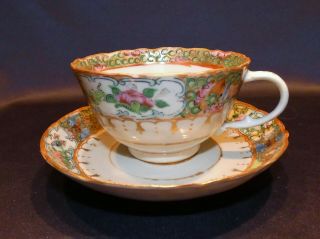 Lovely Antique 19c Chinese Export Rose Medallion Cup,  Saucer Handpainted
