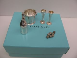 Tiffany Sterling Silver Miniature Champagne Bottle,  Bucket,  Ice Cube,  2 Glasses