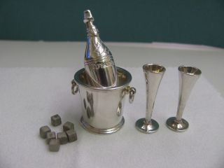 Tiffany Sterling Silver Miniature Champagne Bottle,  Bucket,  ice cube,  2 Glasses 2