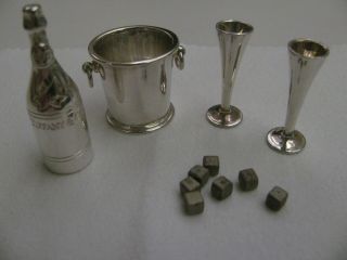 Tiffany Sterling Silver Miniature Champagne Bottle,  Bucket,  ice cube,  2 Glasses 3