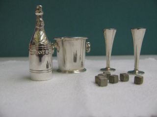 Tiffany Sterling Silver Miniature Champagne Bottle,  Bucket,  ice cube,  2 Glasses 4