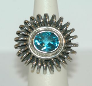 Vintage Modernist Huge Faceted Blue Topaz Gemstone 925 Silver Ring 6.  5
