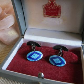 Antique Estate Jewelry Art Deco Blue Guilloche Enamel Sterling Silver Cuff Links