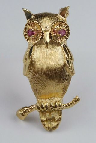 Vintage Fine Jewelers Guild 14k Yellow Gold Owl Brooch With Round Ruby Eyes