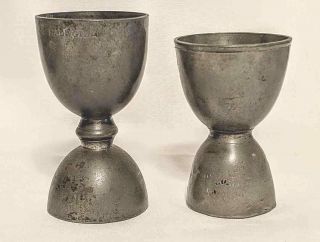 Two Antique Early English Pewter 1/2 Gill 1/4 Gill Double Tavern Measures 1800 