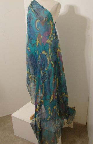 Vintage Chiffon Silk Print 2pc Asymmetrical Cut One Shoulder Dress Matching Hat