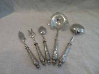 1900 French 950 Silver & Silver - Plated Strawberry Serving Set 5p Rococo Cherubs