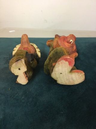 2 HENNING CARVED WOOD TROLLS GREEN EYED RED CAP TAIL & MUSHROOM CAP 3” FLAWED 8