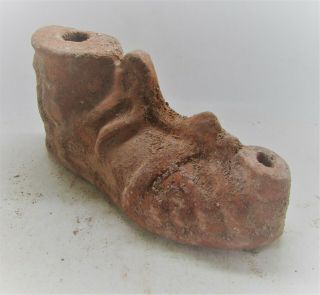 Scarce Circa 300ad Ancient Roman Era Terracotta Redware Oil Lamp In Form Of Foot