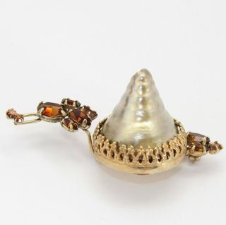 Signed Schreiner Topaz Rhinestone Fancy Glass Pearl Shell Figural Snail Brooch 2