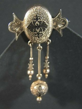 Victorian 14k Gold Black Enamel Watch Locket Brooch Pin With Dangles