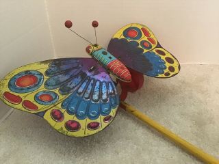 Vintage Tin Metal Butterfly Push Toy With Wooden Handle