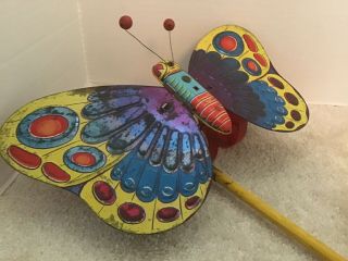 Vintage Tin Metal Butterfly Push Toy With Wooden Handle 5