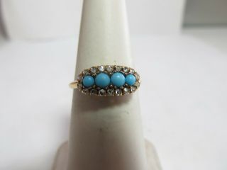 Victorian 10k Solid Gold Ring W/ Natural Robin Blue Turquoise & Rose Cut Dias
