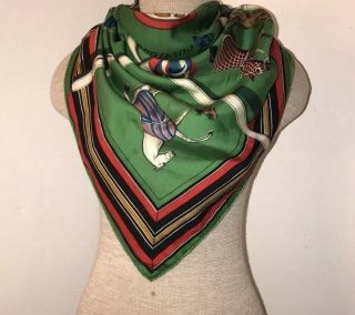 Hermes Silk Scarf “couvertures Et Tenues De Jour” By Jacques Eudel Vintage Green