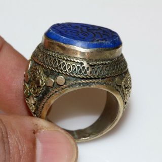 Massive - Post Medieval Silver Plated Islamic Seal Ring With Lapis Lazuli Stone