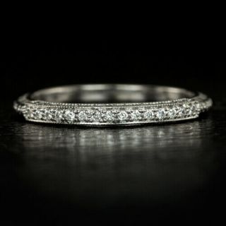 Vintage Art Deco Wedding Band Round Diamond Engraved 14k Stacking Cocktail Ring