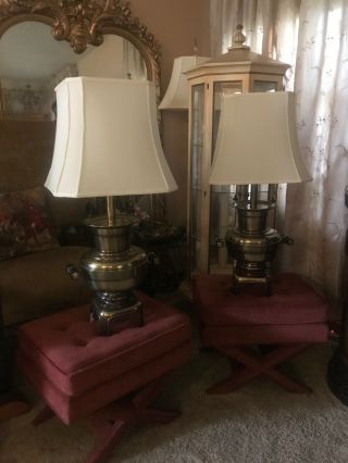 Pair Vintage Stiffel Brass URN Shaped Table Lamps Double Socket Top 2