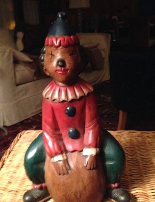 " On Top Of The World " - Vintage Carved Wood Boy Dressed As Clown - 12 " Tall