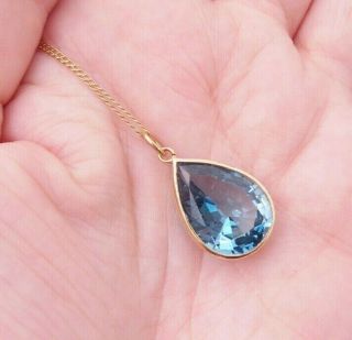 9ct Gold Large Pear Drop Blue Topaz Pendant On Chain,  9k 375