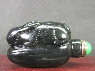 Chinese Rabbit On Melon Carved Natural Dark Green Jade Snuff Bottle