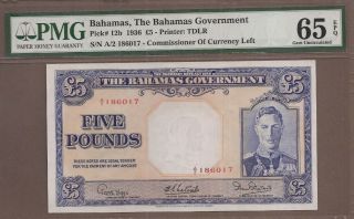 Bahamas: 5 Pounds Banknote,  (unc Pmg65),  P - 12b,  Rare,  1936,