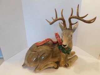 Vintage 1994 Fitz Floyd Holiday Leaves Deer Christmas Centerpiece With Lid & Box 2