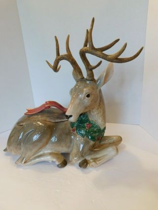 Vintage 1994 Fitz Floyd Holiday Leaves Deer Christmas Centerpiece With Lid & Box 6