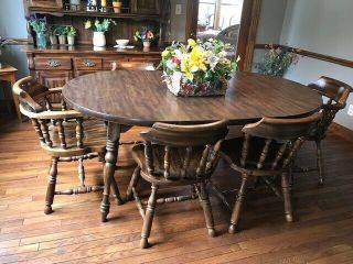 Antique Pine Dinning Set With Two Extensions,  6 Chairs And Matching Hutch