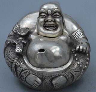 Collectable Royal Exorcism Old Miao Silver Carve Smile Buddha Temple Pray Teapot