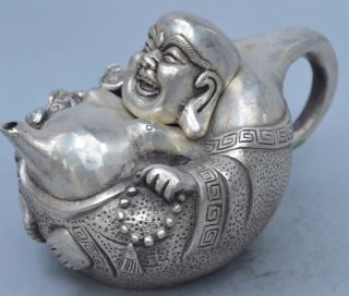 Collectable Royal Exorcism Old Miao Silver Carve Smile Buddha Temple Pray Teapot 2