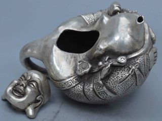 Collectable Royal Exorcism Old Miao Silver Carve Smile Buddha Temple Pray Teapot 4
