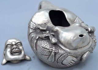 Collectable Royal Exorcism Old Miao Silver Carve Smile Buddha Temple Pray Teapot 5