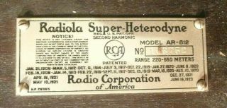 Vintage RCA RADIOLA AR 812 RADIO w/6 SHORT PIN TUBES / Good Cabinet 7