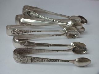 5 Pairs Of Antique English Hallmarks Solid Sterling Silver Sugar Tongs/ 129 G