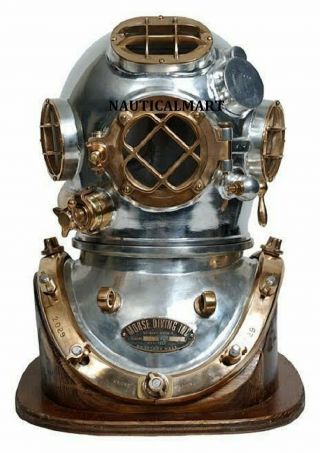 18 " Antique Morse Scuba Diving Divers Helmet Us Navy Mark V With Wooden Base