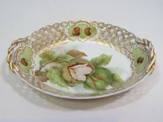Antique Hand Painted Reticulated Handled Oval Bowl 9.  5 " Hand Painted Chestnuts