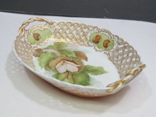 Antique Hand Painted Reticulated Handled Oval Bowl 9.  5 