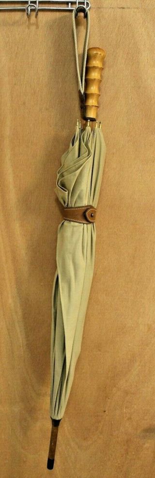 Ghurka Vintage Marley Hodgson Khaki Twill Umbrella Leather Accents Wooden Handle