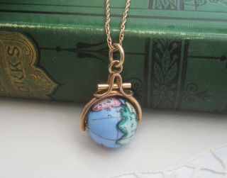 Rare Antique Victorian Gold Filled Hand Painted World Map Globe Pendant Necklace