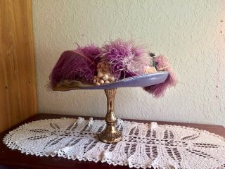 Grand Antique Edwardian Hat 1910s Titanic Era Pink And Purple Ostrich Feathers