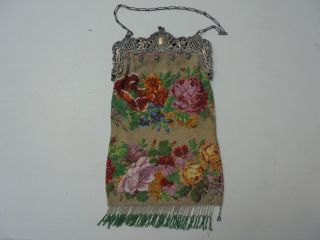 Antique Beaded Purse Extra Long Micro Beads Silverplate Frame 15 1/2 " Roses