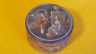 Charming 1800s Generous Black Lacquer Ware Snuff Box H/p Courting Scene