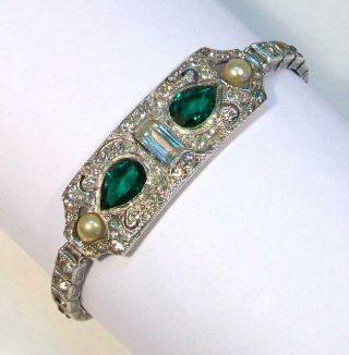 Signed Antique Art Deco Sterling Emerald Paste Rhinestone Faux Pearl Bracelet