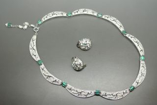 Vintage Attwood Sawyer Green Clear Rhinestone Glass Cocktail Necklace Set