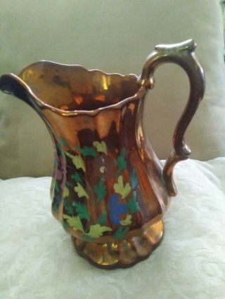 Vintage Copper Lustreware Pitcher/creamer Victorian Hand Painted Flower 8 "