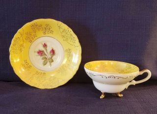 Vintage 3 Footed Tea Cup & Saucer Yellow W/red Rose Pattern Nw - C312c